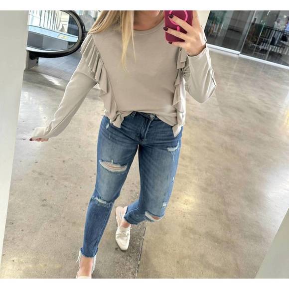 NEW WASABI + MINT terry ruffle front long sleeve top in taupe - Picture 1 of 1